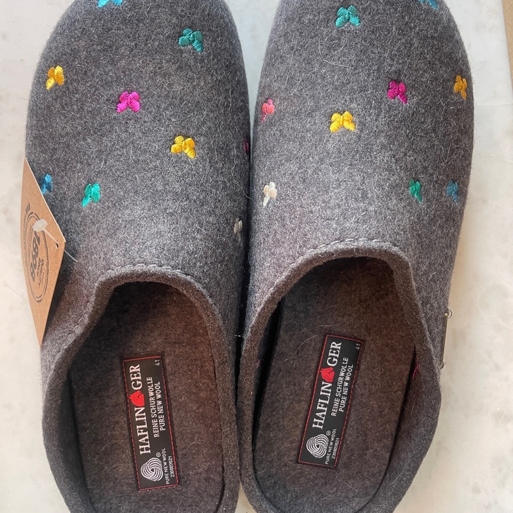Haflinger  Gray Wool Slippers with Colorful Accents
